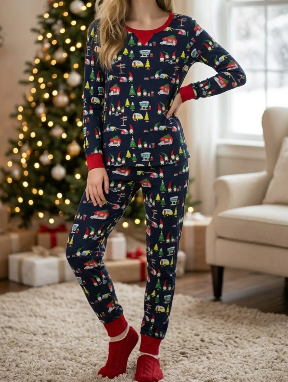 Camping Gnomes Christmas Pajama Set Women S RV Camper Holiday PJs 2pc Cozy Sleep